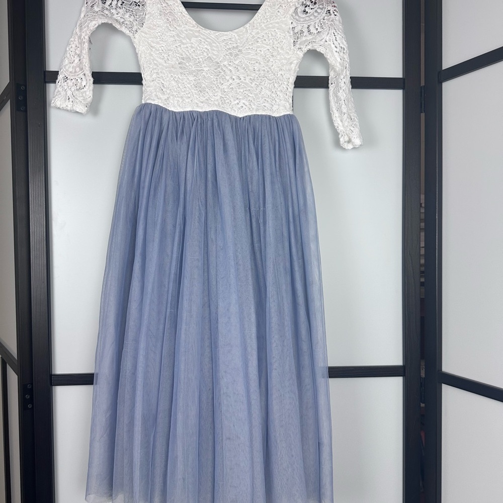 Elegant White and Blue Lace Kids Dress